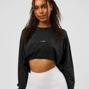 Go-To Long Sleeve FLXCotton Oversized Tee - Black Washed-White